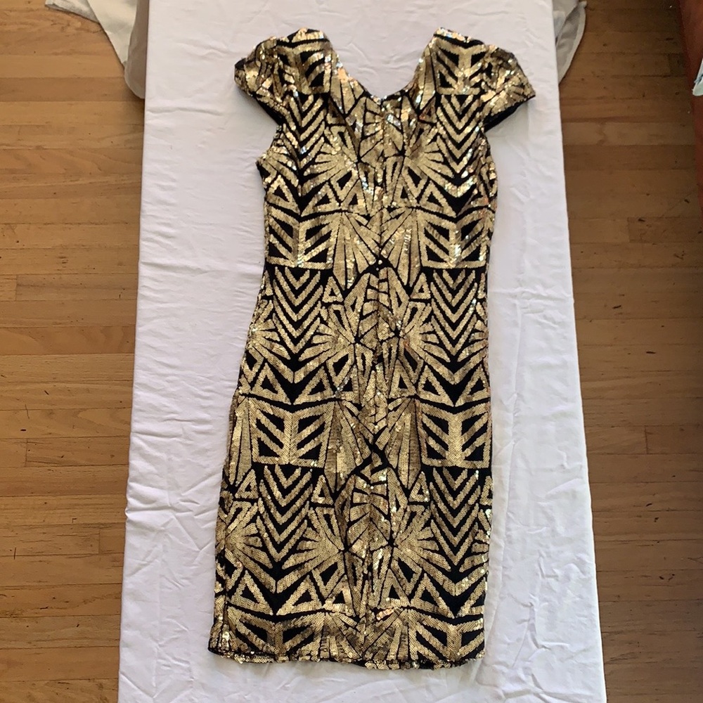 BOGO Lulus Elegant Affair Black & Gold Sequin Print Bodycon Dress - Picture 6 of 6